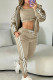 Khaki Casual Stripe Draw String Pocket Patchwork Zipper Contrast Hooded Long Sleeve Three Pieces