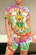 Red Green Casual Daily Animal Print Letter Print Gradient Contrast O Neck Short Sleeve Two Pieces