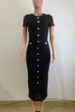 White Elegant Solid Color Buttons Patchwork O Neck Long Dresses