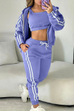 Pink Casual Stripe Draw String Pocket Patchwork Zipper Contrast Hooded Long Sleeve Three Pieces