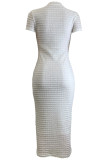 White Elegant Solid Color Buttons Patchwork O Neck Long Dresses