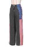 Blue Casual American Flag Print Patchwork Straight High Waist Straight Patchwork Bottoms