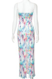 Colour Elegant Print Patchwork Backless Slit Strapless Long Dresses