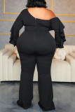 Black Casual Solid Color Patchwork Backless Zipper Ruffled Trim Oblique Collar Plus Size Jumpsuits
