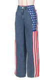 Blue Casual American Flag Print Patchwork Straight High Waist Straight Patchwork Bottoms