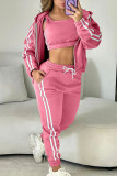Pink Casual Stripe Draw String Pocket Patchwork Zipper Contrast Hooded Long Sleeve Three Pieces