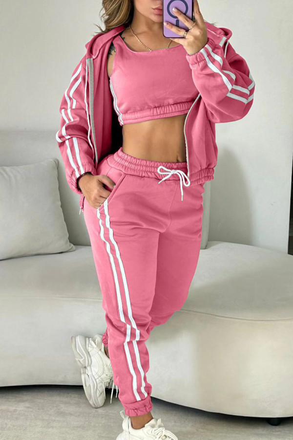 Pink Casual Stripe Draw String Pocket Patchwork Zipper Contrast Hooded Long Sleeve Three Pieces