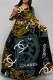 Yellow Black Elegant Letters Chain print Lace Up O Neck Printed Dresses