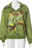 Green Casual Print Pocket Patchwork Zipper Zipper Collar Outerwear