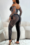 Brown Sexy Solid Color Hollow Out Patchwork See-Through Off Shoulder Long Sleeve Two Pieces