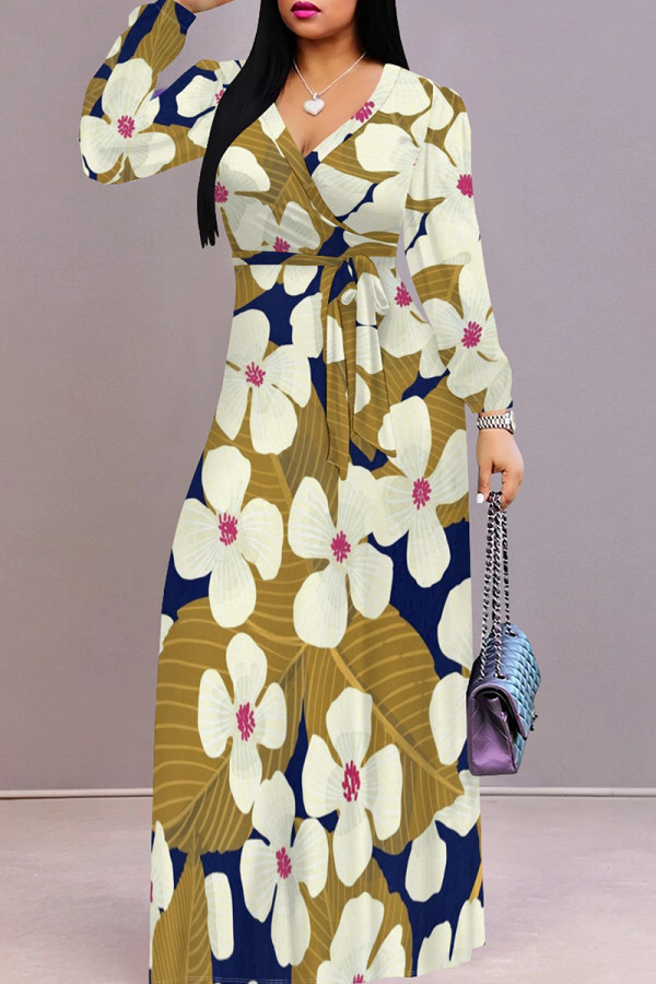 Yellow Elegant Print Patchwork Strap Design V Neck Long Dresses