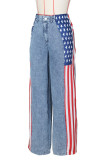 Blue Casual American Flag Print Patchwork Straight High Waist Straight Patchwork Bottoms