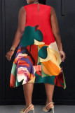 Red Street Print Hollow Out Patchwork O Neck A Line Plus Size Dresses