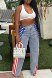 Blue Casual American Flag Print Patchwork Straight High Waist Straight Patchwork Bottoms