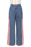 Blue Casual American Flag Print Patchwork Straight High Waist Straight Patchwork Bottoms