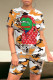 Camouflage Casual Street Cartoon Print Gradient Color Letters Contrast O Neck Short Sleeve Two Pieces