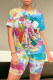 Yellow Blue Casual Street Cartoon Print Gradient Color Letters Contrast O Neck Short Sleeve Two Pieces