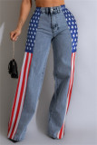 Blue Casual American Flag Print Patchwork Straight High Waist Straight Patchwork Bottoms
