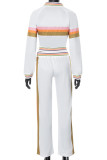 White Casual Stripe Draw String Patchwork Zipper Contrast Zipper Collar Long Sleeve Two Pieces