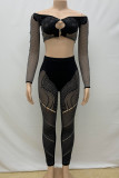 Brown Sexy Solid Color Hollow Out Patchwork See-Through Off Shoulder Long Sleeve Two Pieces