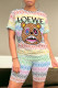 Multicolor Casual Street Cartoon Print Gradient Color Letters Contrast O Neck Short Sleeve Two Pieces