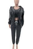 Pink Casual Stripe Draw String Pocket Patchwork Zipper Contrast Hooded Long Sleeve Three Pieces