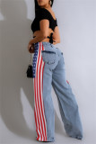 Blue Casual American Flag Print Patchwork Straight High Waist Straight Patchwork Bottoms