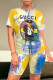 Yellow Blue Casual Daily Animal Print Letter Print Gradient Contrast O Neck Short Sleeve Two Pieces