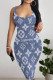 Dark Blue Sexy Letters Patchwork U Neck Wrapped Skirt Dresses