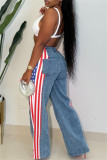 Blue Casual American Flag Print Patchwork Straight High Waist Straight Patchwork Bottoms