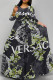 Dark Gray Elegant Letters Chain print Lace Up O Neck Printed Dresses