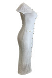 White Elegant Solid Color Buttons Patchwork O Neck Long Dresses