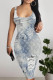 Blue White Sexy Letters Patchwork U Neck Wrapped Skirt Dresses