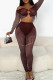 Brown Sexy Solid Color Hollow Out Patchwork See-Through Off Shoulder Long Sleeve Two Pieces