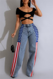 Blue Casual American Flag Print Patchwork Straight High Waist Straight Patchwork Bottoms