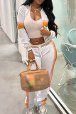 White Casual Stripe Draw String Patchwork Zipper Contrast Zipper Collar Long Sleeve Two Pieces