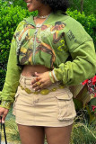 Green Casual Print Pocket Patchwork Zipper Zipper Collar Outerwear