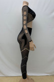 Brown Sexy Solid Color Hollow Out Patchwork See-Through Off Shoulder Long Sleeve Two Pieces