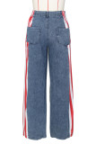 Blue Casual American Flag Print Patchwork Straight High Waist Straight Patchwork Bottoms