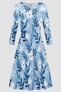 Blue Elegant Print Patchwork O Neck A Line Dresses