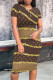Brown Casual Letters Patchwork O Neck Wrapped Skirt Dresses