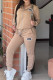 Brown Casual Street Letters Draw String Patchwork Zipper Embossed Hooded Long Sleeve Two Pieces