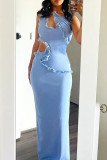 Blue Elegant Solid Color Hollow Out Patchwork Backless Spaghetti Strap Sling Dresses