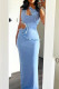 Blue Elegant Solid Color Hollow Out Patchwork Backless Spaghetti Strap Sling Dresses