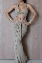 Grey Sexy Solid Color Hollow Out Patchwork Ruched Deep V Neck Long Dresses