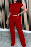 Red Casual Solid Color Pocket Patchwork O Neck Short Sleeve Two Pieces