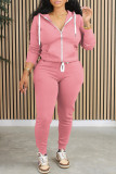 Pink Casual Solid Color Patchwork Zipper Hooded Long Sleeve Two Pieces