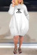 White Casual Letter Print Pocket O Neck Long Sleeve Dresses