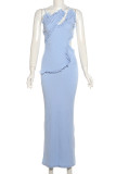 Blue Elegant Solid Color Hollow Out Patchwork Backless Spaghetti Strap Sling Dresses