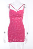 Rose Red Sexy Letters Patchwork Backless Strap Design Spaghetti Strap Sling Dresses